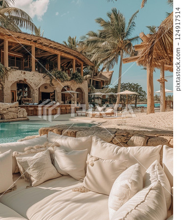 Tropical resort swimming pool and cafe bar near the beach 124917514