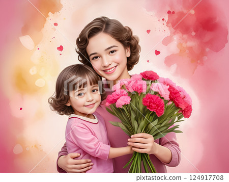 Girl and mom giving carnations on Mother's Day Girl and mom giving carnations on Mother's Day 124917708