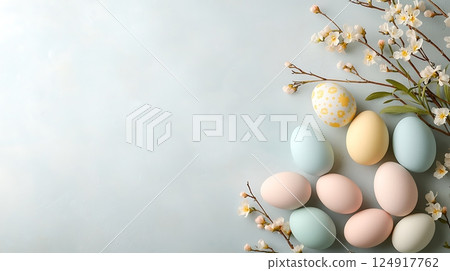 white and yellow easter eggs with willow branches 124917762
