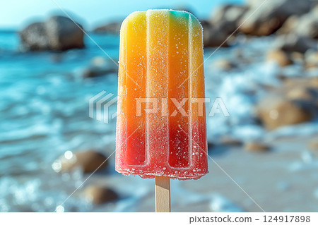 Popsicle with rainbow colors on a long stick on a summer background. Retro style. Close-up. Popsicle with rainbow colors on a long stick on a summer background. Retro style. Close-up. 124917898