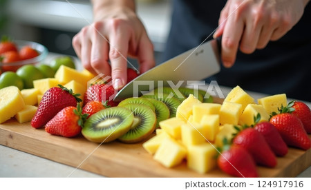 A close-up view of hands slicing fresh fruit on a wooden cutting board. The image shows a variety of colorful fruits including strawberries, kiwi, and pineapple.  124917916