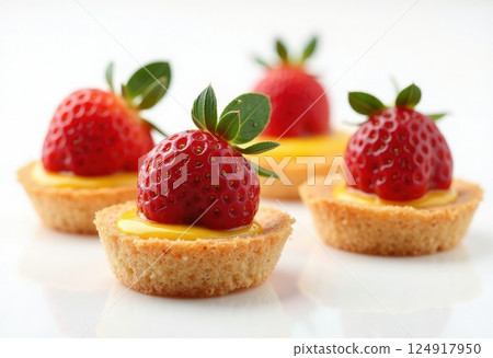 This image showcases delightful miniature strawberry tarts. Four small, golden pastry shells are filled with a bright yellow custard or curd, each topped with a plump, ripe strawberry.  124917950