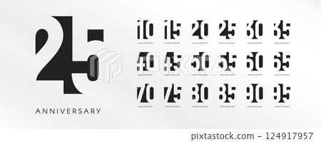 Cutout geometric anniversary numbers from 10 to 95 on bright white background. Modern universal identity for editorial, event and corporate design. Flat vector illustration 124917957