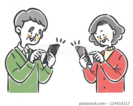 Senior couple operating a smartphone, upper body, vector 124918117