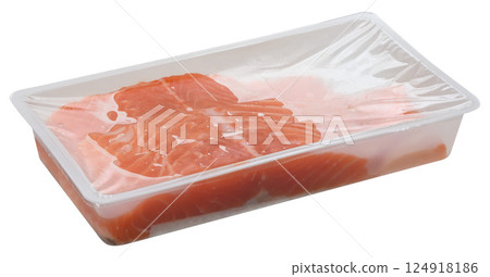 Slices of raw salmon fillets are packaged in a clear plastic tray, sealed with transparent film. Isolated background 124918186
