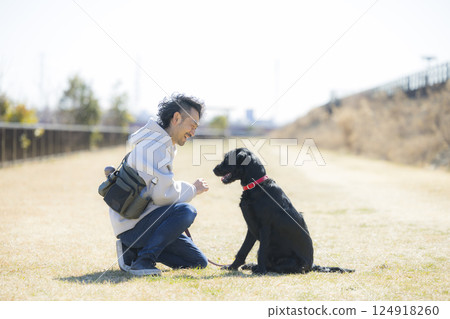 Man walking a dog 124918260