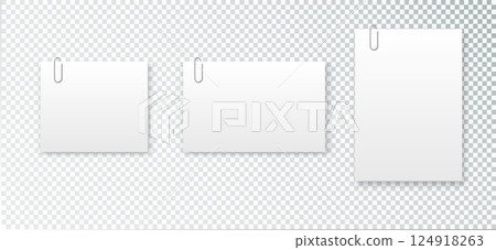 Blank paper sheet in A4 format on transparent background. Notebook page, document with steel paper clip. Vector Blank paper sheet in A4 format on transparent background. Notebook page, document with steel paper clip. Vector 124918263