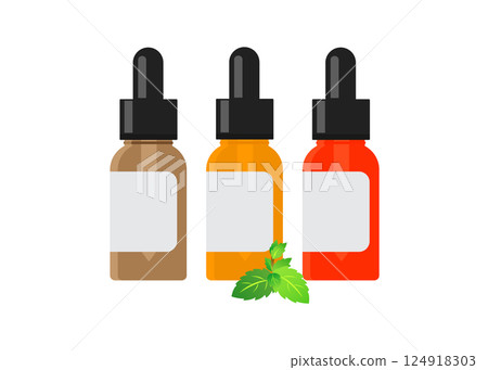Glass essential oil bottle with pipette on white background Glass essential oil bottle with pipette on white background 124918303