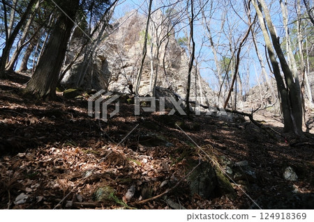 Minamimaki Village, Gunma Prefecture: Cliff seen when descending from the summit of Mt. Mitsuiwadake towards Ryuo Daigongen, April 9, 2025 Minamimaki Village, Gunma Prefecture: Cliff seen when descending from the summit of Mt. Mitsuiwadake towards Ryuo Daigongen, April 9, 2025 124918369