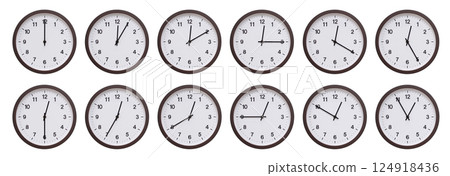 Sequence of dark brown wooden wall clocks showing time progression from 0:00 or 12:00 to 0:55 or 12:55. Ideal for concepts of time management, scheduling, and time flow. Sequence of dark brown wooden wall clocks showing time progression from 0:00 or 12:00 to 0:55 or 12:55. Ideal for concepts of time management, scheduling, and time flow. 124918436