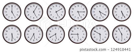 Sequence of dark brown wooden wall clocks showing time progression from 5:00 or 17:00 to 5:55 or 17:55. Ideal for concepts of time management, scheduling, and time flow. 124918441