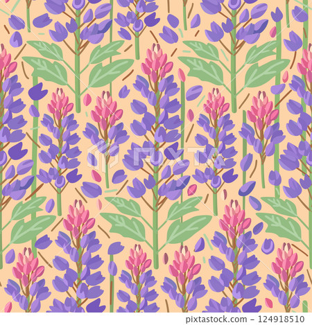 Vector floral seamless pattern with lupines on light peachy background Vector floral seamless pattern with lupines on light peachy background 124918510