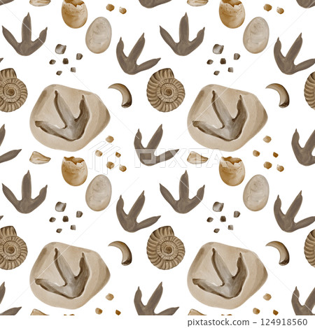 Seamless pattern with fossils. Dinosaur footprints. Reptile eggs. Stones and pebbles. Watercolor illustration without background. Hand-drawn. Teeth and fangs of predators. High quality illustration Seamless pattern with fossils. Dinosaur footprints. Reptile eggs. Stones and pebbles. Watercolor illustration without background. Hand-drawn. Teeth and fangs of predators. High quality illustration 124918560