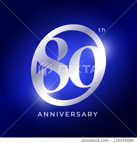Elegant 80th Anniversary Logo Design With Silver Metallic Number On Blue Background. Luxury Celebration Emblem For Event, Company Birthday, Milestone, Or Award Ceremony. Vector Illustration Elegant 80th Anniversary Logo Design With Silver Metallic Number On Blue Background. Luxury Celebration Emblem For Event, Company Birthday, Milestone, Or Award Ceremony. Vector Illustration 124919006