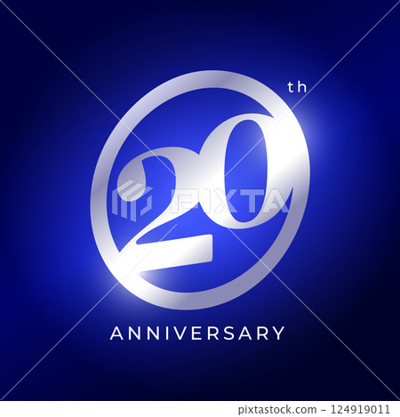 Elegant 20th Anniversary Logo Design With Silver Metallic Number On Blue Background. Luxury Celebration Emblem For Event, Company Birthday, Milestone, Or Award Ceremony. Vector Illustration Elegant 20th Anniversary Logo Design With Silver Metallic Number On Blue Background. Luxury Celebration Emblem For Event, Company Birthday, Milestone, Or Award Ceremony. Vector Illustration 124919011