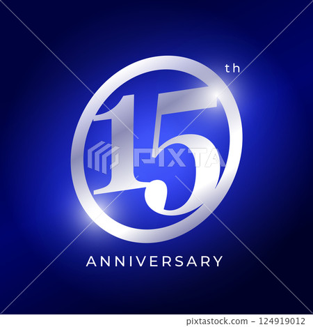 Elegant 15th Anniversary Logo Design With Silver Metallic Number On Blue Background. Luxury Celebration Emblem For Event, Company Birthday, Milestone, Or Award Ceremony. Vector Illustration 124919012