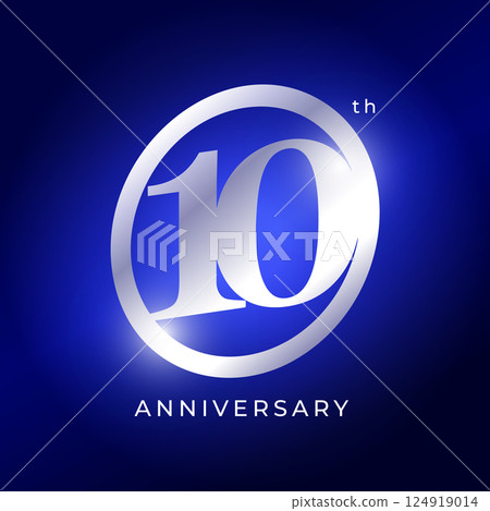 Elegant 10th Anniversary Logo Design With Silver Metallic Number On Blue Background. Luxury Celebration Emblem For Event, Company Birthday, Milestone, Or Award Ceremony. Vector Illustration 124919014