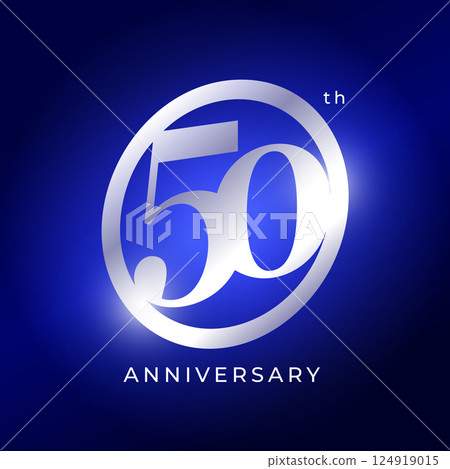Elegant 50th Anniversary Logo Design With Silver Metallic Number On Blue Background. Luxury Celebration Emblem For Event, Company Birthday, Milestone, Or Award Ceremony. Vector Illustration 124919015