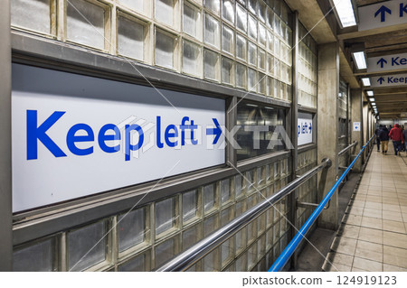 Keep Left Sign Inside London Underground Tube Station with Perspective View Keep Left Sign Inside London Underground Tube Station with Perspective View 124919123