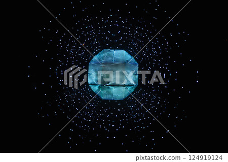 Futuristic glowing blue geometric sphere with floating particles Futuristic glowing blue geometric sphere with floating particles 124919124