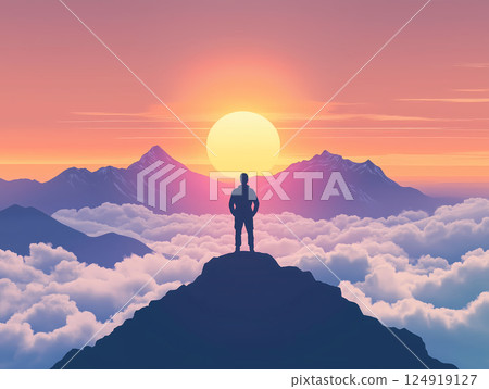 Silhouette of climber on mountain top looking at clouds and sunset 124919127