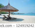 Tropical Resort: Tropical Beach with Lounge Chairs 124919242