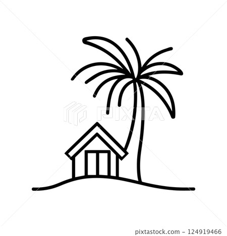 Outline beach house icon. Tropical island resort with palm, holidays concept. Thin line vector sign, black and white colors 124919466