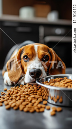 Cheerful Beagle dog relaxing beside bowl filled with tasty dog food 124919522