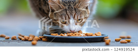 Curious feline enjoys a tasty meal outdoors in the warm afternoon sunlight 124919524