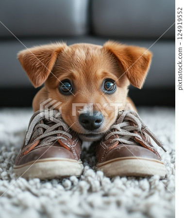 Playful puppy enjoys a cozy afternoon with shoes in the living room 124919552