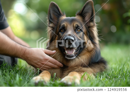 Engaging dog training session in park with friendly handshake Engaging dog training session in park with friendly handshake 124919556