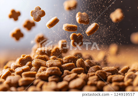 Dry dog food cascading down in a delightful pile during a sunny afternoon Dry dog food cascading down in a delightful pile during a sunny afternoon 124919557
