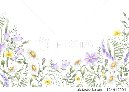 Watercolor wildflowers chamomile, bellflower, buttercup, mouse pea and meadow grasses. Hand drawn isolated rectangular frame of yellow and lilac flowers with copy space for invitation, postcard, card. Watercolor wildflowers chamomile, bellflower, buttercup, mouse pea and meadow grasses. Hand drawn isolated rectangular frame of yellow and lilac flowers with copy space for invitation, postcard, card. 124919604