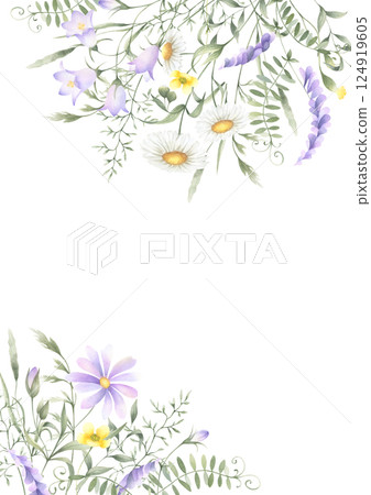 Floral postcard of watercolor wildflowers chamomile, bellflower, buttercup and meadow grasses isolated from background with copy space, A4. Hand drawn yellow and lilac flowers for cards, invitations. 124919605