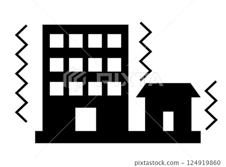 地震中搖晃的建築物和房屋的輪廓 124919860