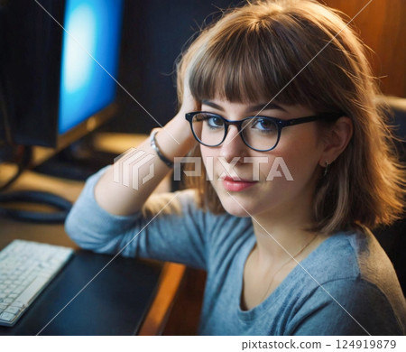 Cute woman with glasses in front of a computer monitor 124919879