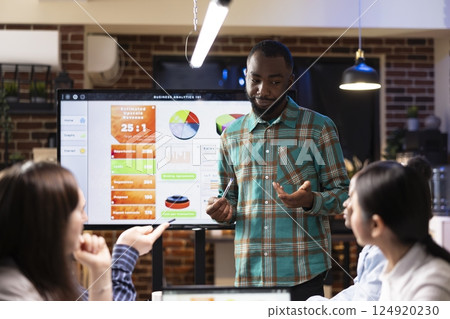 Entrepreneur explaining his brand strategy to his colleagues during night discussion in modern workspace. African american manager conducting quarterly report business meeting with diverse employees. 124920230