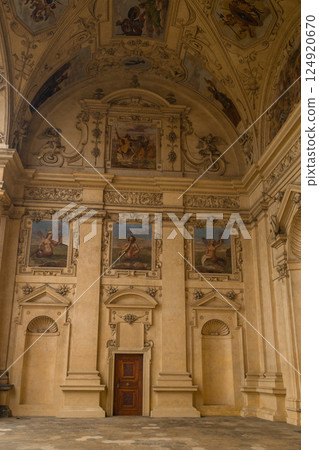 Historical Frescoes on the Walls of an Ancient Building, Artistic Detail Historical Frescoes on the Walls of an Ancient Building, Artistic Detail 124920670