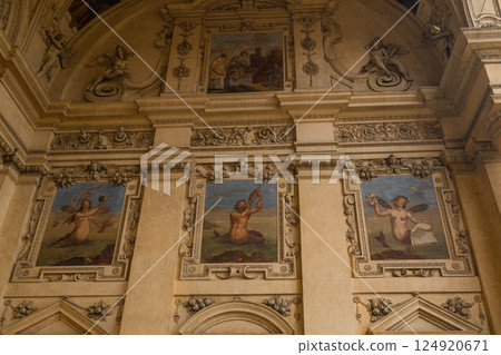Historical Frescoes on the Walls of an Ancient Building, Artistic Detail 124920671