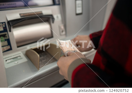 Close-Up of a Man Taking Money from an ATM, Cash Withdrawal 124920752