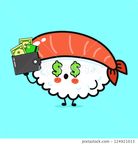 A charming sushi character, with dollar eyes, proudly holding a wallet filled with money and a credit card. 124921013