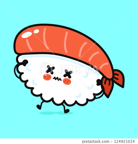 A charming cartoon sushi character with crossed eyes, depicting it is unwell against a vibrant blue backdrop. 124921014