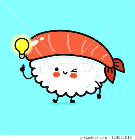 A cheerful sushi character with a lightbulb above its head, conveying a brilliant idea with a wink. A cheerful sushi character with a lightbulb above its head, conveying a brilliant idea with a wink. 124921016