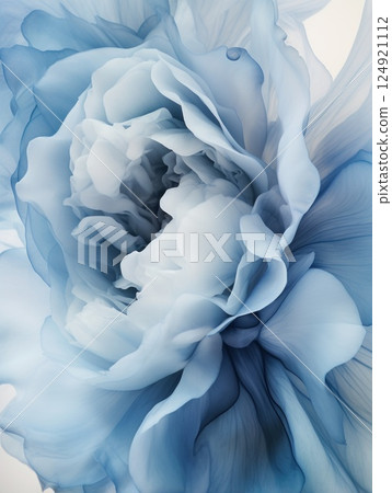 Gentle blue background with peony petals. Beautiful flower close up. 124921112