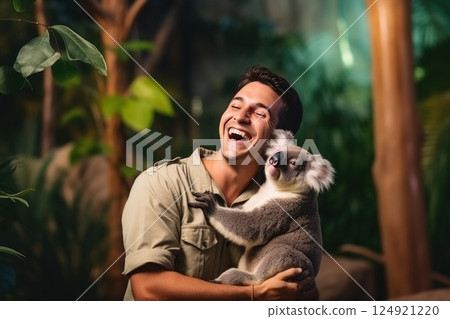 Smiling zookeeper cradling koala bear, representing wildlife conservation efforts and close interaction with endangered australian marsupial species 124921220