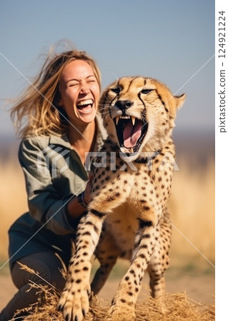 Cheetah stretching near zookeeper, displaying sharp teeth and extended claws during close wildlife park encounter, keeper grinning 124921224