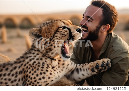 Cheetah stretching near zookeeper, displaying sharp teeth and extended claws during close wildlife park encounter, keeper grinning Cheetah stretching near zookeeper, displaying sharp teeth and extended claws during close wildlife park encounter, keeper grinning 124921225