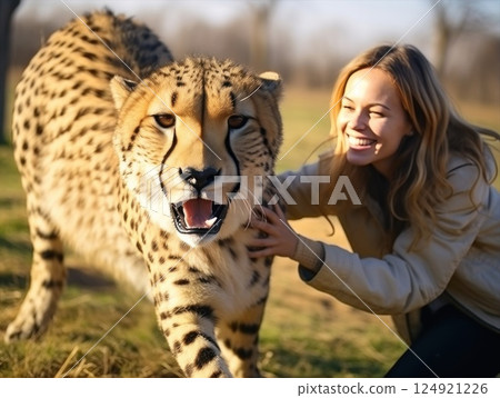 Cheetah stretching near zookeeper, displaying sharp teeth and extended claws during close wildlife park encounter, keeper grinning 124921226