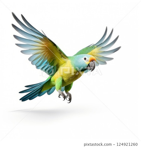 Green parrot isolated on white background. A large exotic bird. 124921260