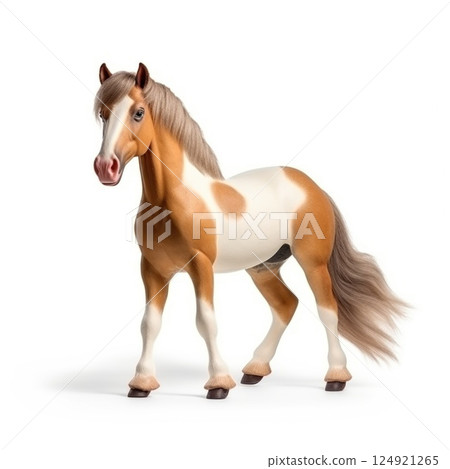 Palomino horse toy galloping with windswept mane, exhibiting dynamic movement against white backdrop, representing playful childhood equine imagery Palomino horse toy galloping with windswept mane, exhibiting dynamic movement against white backdrop, representing playful childhood equine imagery 124921265